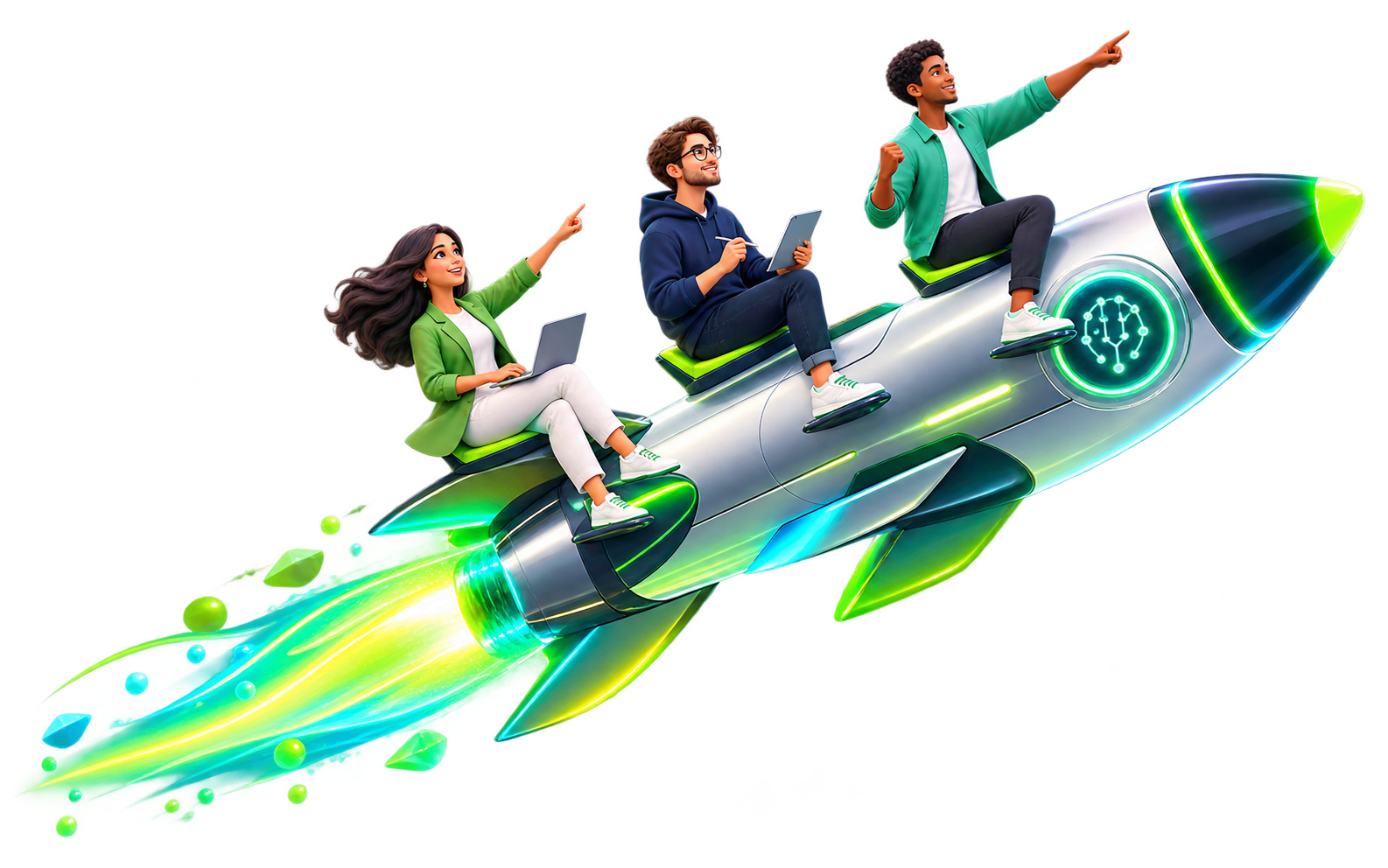Abstract green figures collaborating around a shared feature request